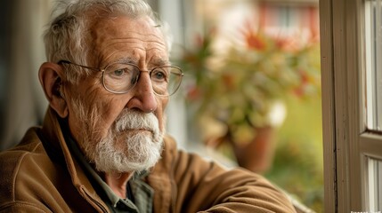 Introspective Senior Man Portrait: A peaceful portrait capturing an elderly man's thoughtful contemplation. The serene expression on his wrinkled face reveals a lifetime of wisdom Generative ai