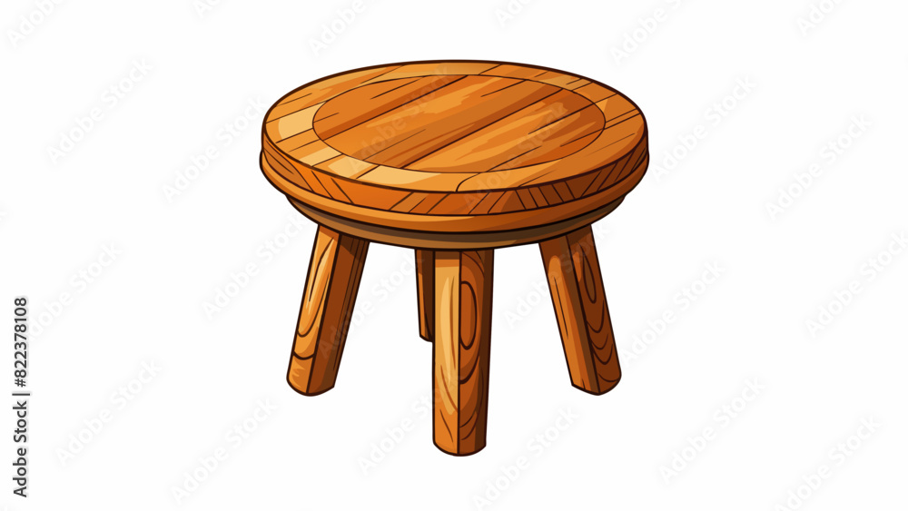 Poster A wooden stool with three sy legs and a round flat top. The surface is worn from years of use but still shows a beautiful grain pattern. It has a. Cartoon Vector