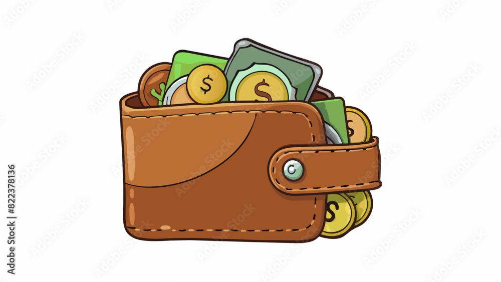Poster a worn and wellloved wallet filled with a jumbled mix of loose coins and cled bills. the wallet itse