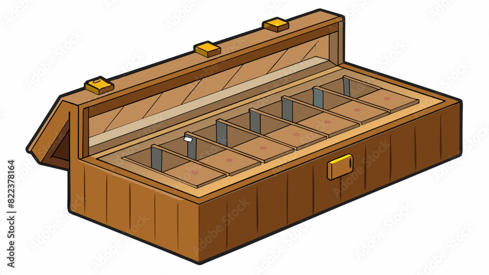 Poster Case 1 A rectangular case made of light brown wood with a hinged lid and a small handle on top. Inside the case there are multiple compartments and. Cartoon Vector