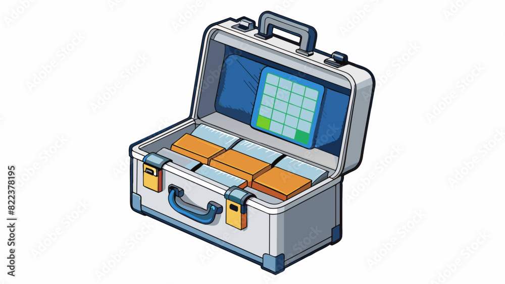 Poster case 4 an aluminum briefcase with a combination lock on the front. the interior has a padded compart