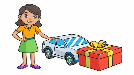 A young girl eagerly opens a brightly colored gift box revealing a shiny white toy car with spinning wheels and functioning doors.. Cartoon Vector