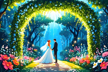 Two brides walking under a wreath of flowers in the magical secret garden. Illustration vector. Generative AI