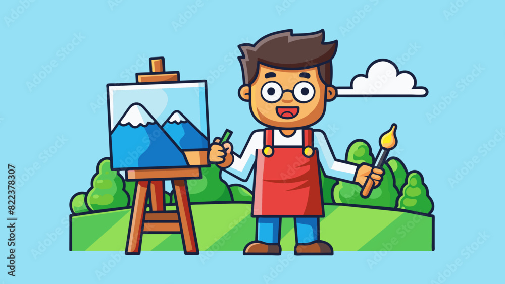 Poster example 4 a man stands in front of a canvas paintbrush in hand. his hair is messy and splattered wit