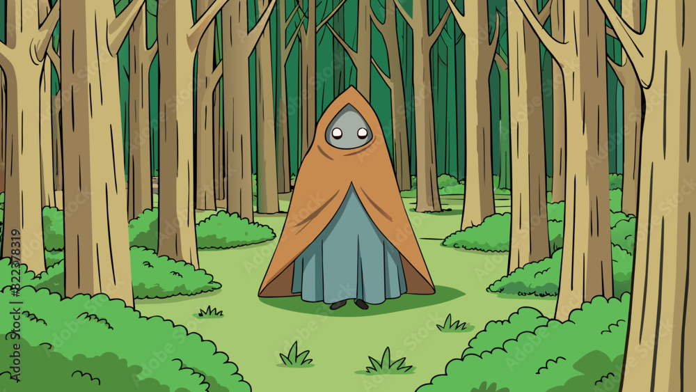 Poster Figure walking through a forest A figure moves through a dense forest bathed in dappled sunlight. They are enveloped in a cloak with only their hands. Cartoon Vector