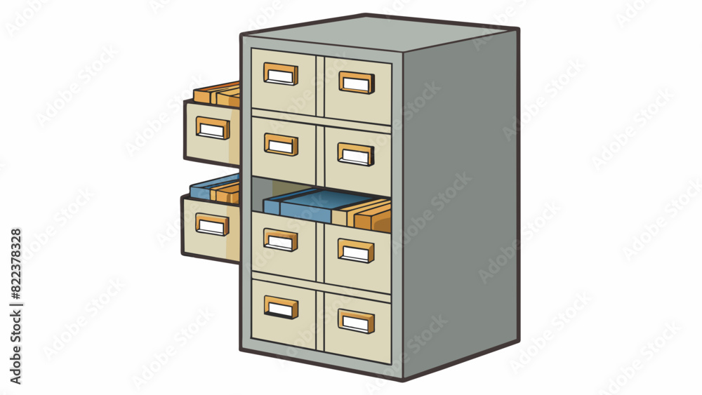 Poster file could be a metal cabinet with multiple drawers standing tall and painted in a neutral color. Each drawer is labeled with a number and inside are. Cartoon Vector