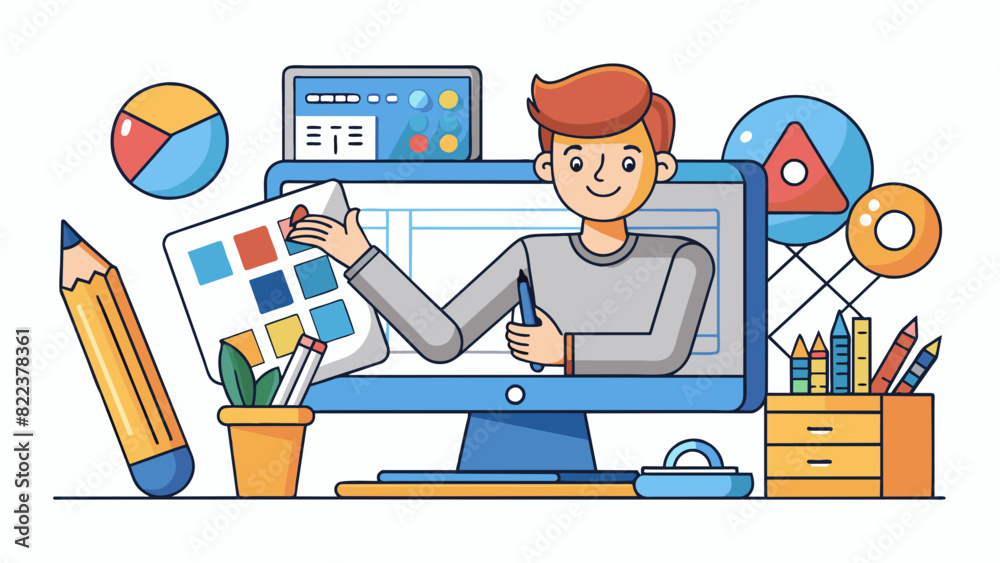 Poster Graphic Designer A graphic designer uses digital software and design tools to create visual concepts and layouts for various projects like adver logos. Cartoon Vector