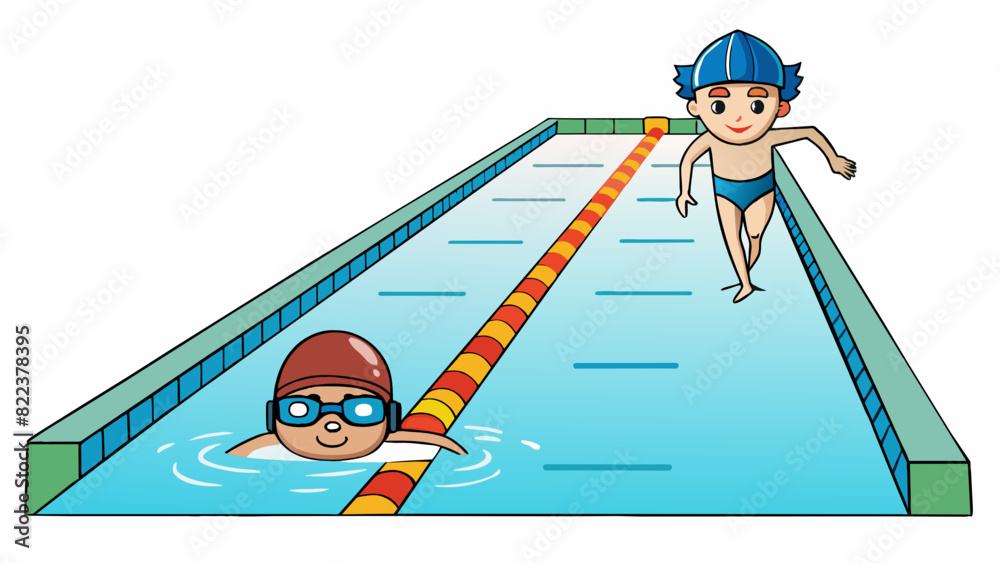 Poster In a pool a swimmer is doing laps while a coach observes from the side. The water is clear and sparkling and there are lane markers at the bottom. The. Cartoon Vector