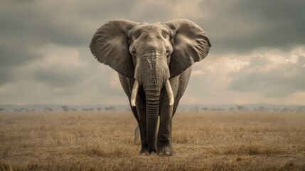 Obraz premium Majestic male elephant standing in the savannah, showcasing its powerful tusks and rugged strength.