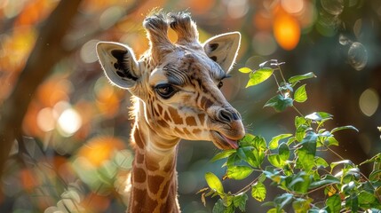 A curious giraffe stretching its long neck to reach a high leaf, its tongue unfurling like a giant ribbon.
