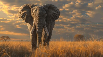 Obraz premium Majestic male elephant standing in the savannah, showcasing its powerful tusks and rugged strength.