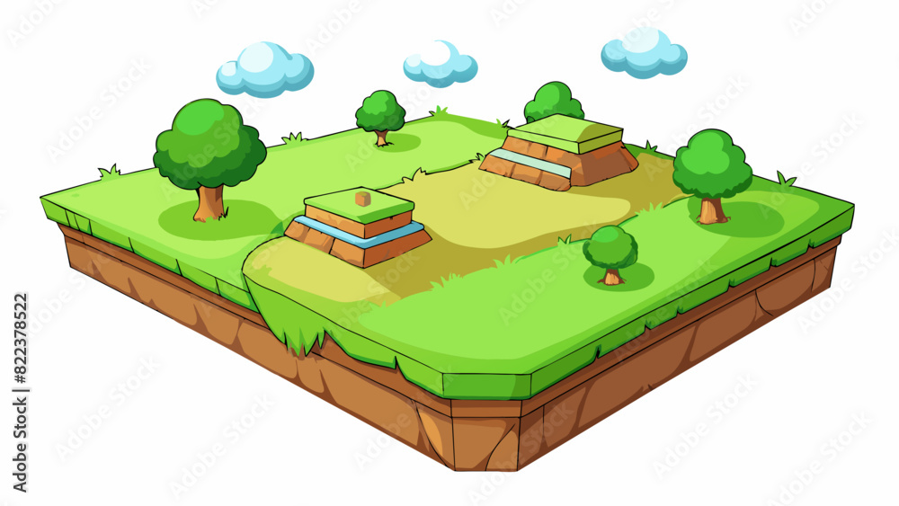 Poster Level 1 This level is characterized by a flat grassy field with a few tered trees. The ground is soft and the grass is short making it easy to walk. Cartoon Vector
