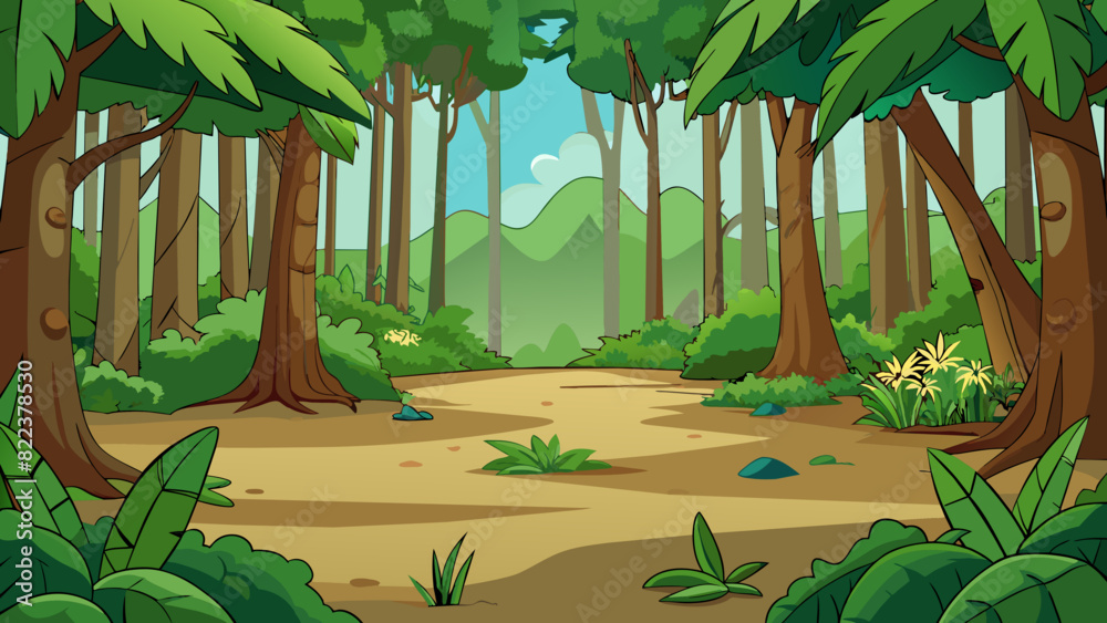 Poster Level 7 The setting for this level is a dense jungle with tall trees and thick underbrush. The ground is covered in fallen leaves making it slippery. Cartoon Vector