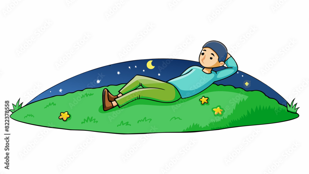 Poster lying on a grassy hill staring up at the vast expanse of the starry night sky and feeling a sense of