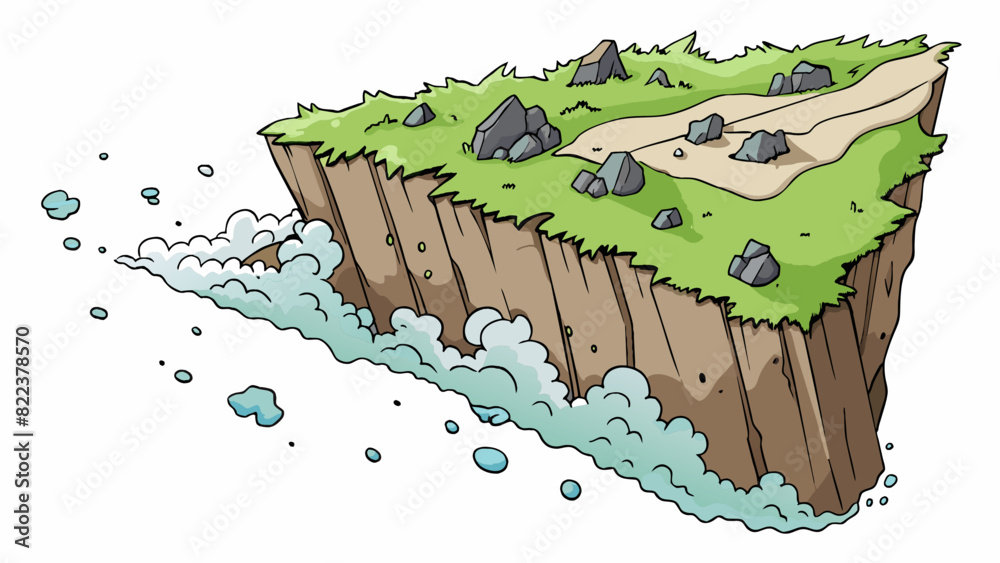 Poster Level 10 This level takes place on a rocky cliff high above a crashing ocean. The ground is uneven and difficult to walk on with patches of slippery. Cartoon Vector