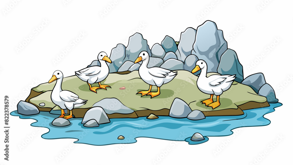 Poster On a rocky shoreline a group of migrating geese take a brief rest before continuing their journey north. Their white and gray feathers shimmer in the. Cartoon Vector