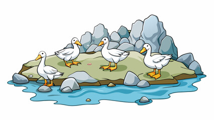 On a rocky shoreline a group of migrating geese take a brief rest before continuing their journey north. Their white and gray feathers shimmer in the. Cartoon Vector