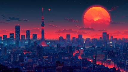 Illustration of Tokyo citypop banner inspired by 80s retro aesthetic, featuring neon-lit urban night cityscape,  Generative ai