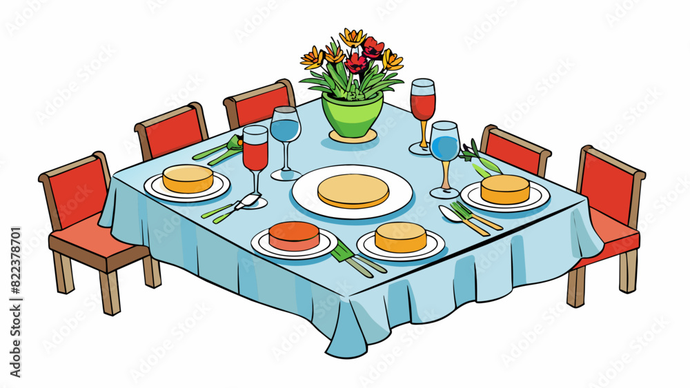 Poster Setting the Dinner Table Begin by placing a tablecloth or placemats on the table. Then set out plates silverware and glasses according to the number. Cartoon Vector