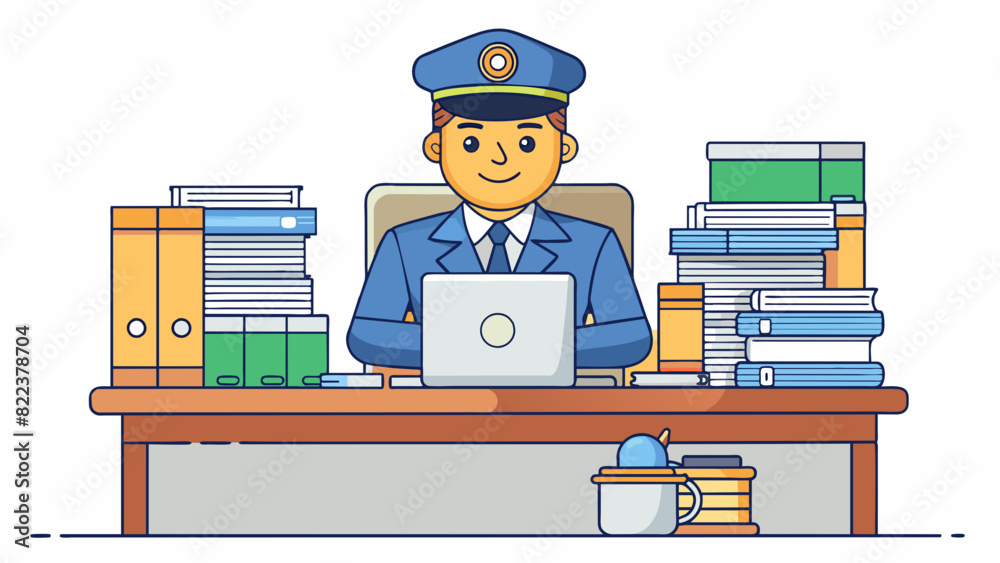 Poster sitting at a desk in a bustling office the officer typed away on their computer diligently working t