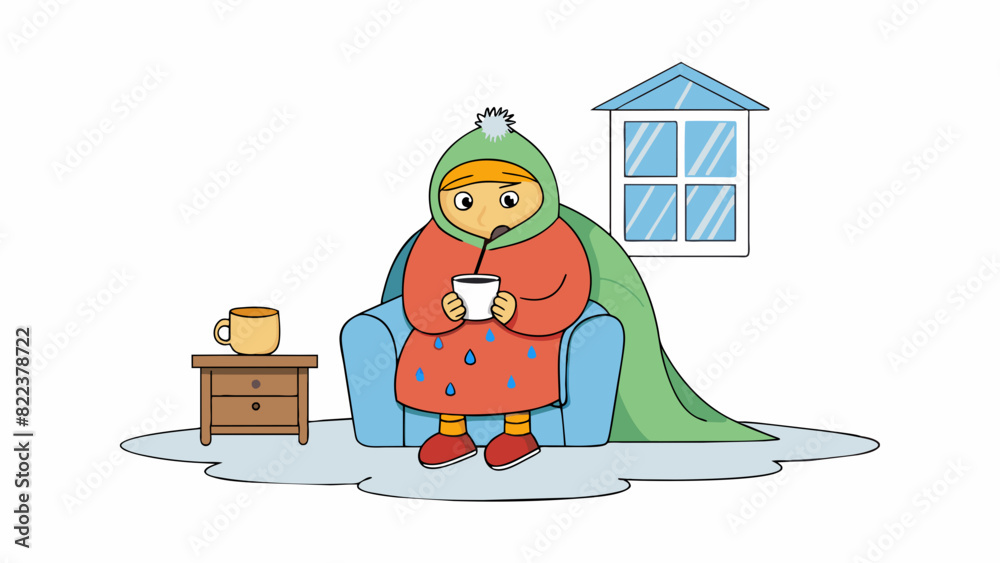 Poster sitting in a cozy living room cuddled up with a soft fluffy blanket and sipping a hot cup of tea whi