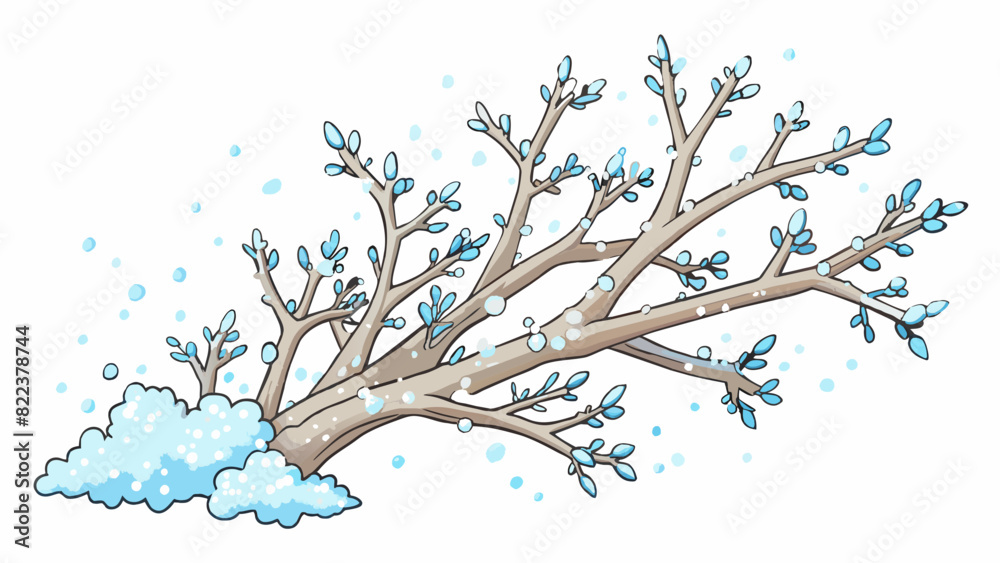 Poster Snowcovered branches sparkle in the sunlight the delicate powder frozen in tiny crystals. When touched they crunch and break easily.. Cartoon Vector