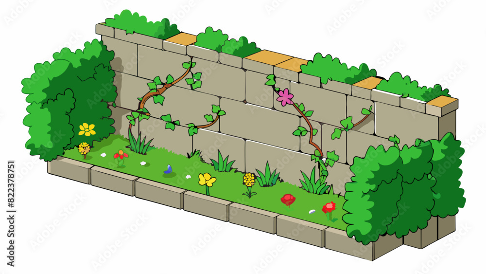Poster standing in the middle of a lush garden this wall is adorned with climbing vines and colorful flower