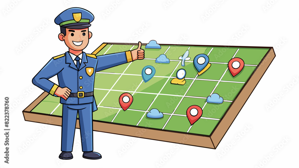 Poster Standing in front of a large map the officer used a pointer to explain the details of a complex mission to a group of fellow officers. Their voice was. Cartoon Vector