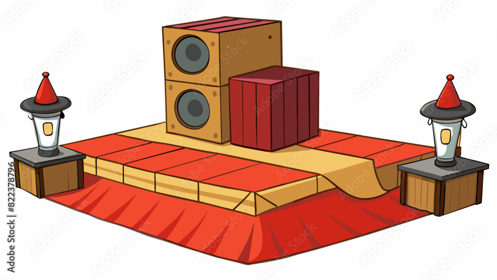 Poster street performer stage a makeshift platform made of wooden crates and covered with a faded red rug. 