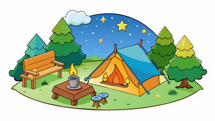 Starry Night Campsite This title paints a picture of a peaceful campsite situated under a starfilled sky. The campfire crackles softly as the stars le. Cartoon Vector