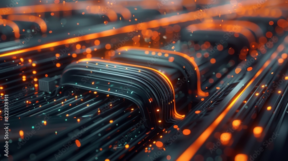 Poster modern computing server cooled in immersion fluid, gentle waves, dark green theme with orange accent