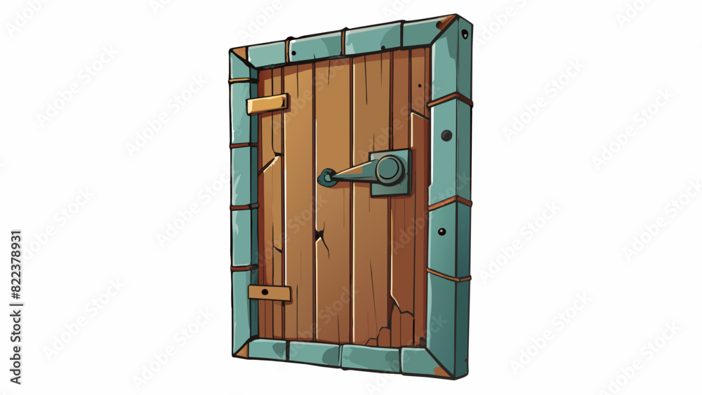 Poster The door was old and weathered with peeling paint and rusted hinges. A large keyhole was visible hinting at a lock hidden behind.. Cartoon Vector