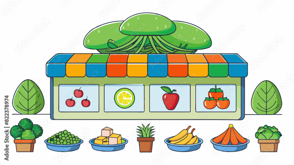 Poster the final illustration is of a grocery store produce section. the fruits and vegetables are arranged