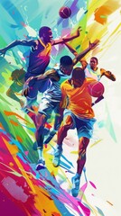 Brightly colored illustration of a group of men playing basketball.  Vertical background 
