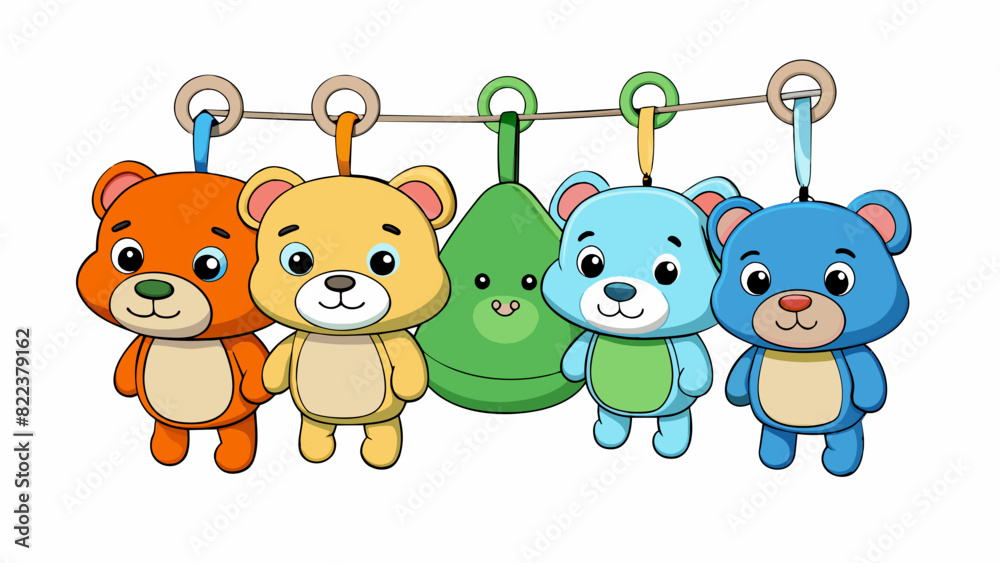 Poster The pack is a bundle of five soft plush toys with different animal characters each with a small hook for attaching to a stroller or diaper bag. They. Cartoon Vector
