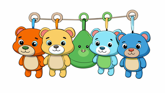 The pack is a bundle of five soft plush toys with different animal characters each with a small hook for attaching to a stroller or diaper bag. They. Cartoon Vector