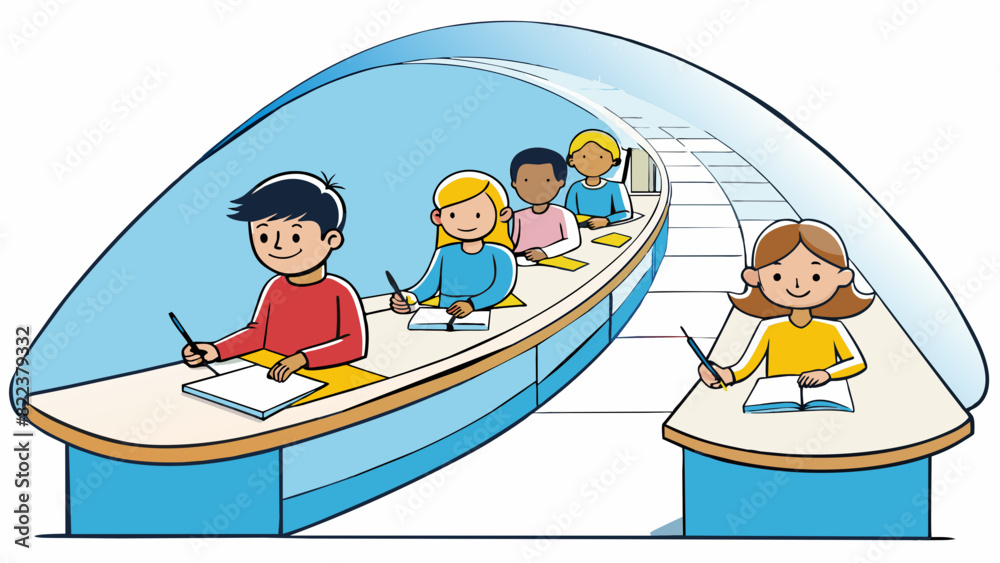 Poster the students sat at long curved desks their pens and notebooks spread out in front of them. the ceil