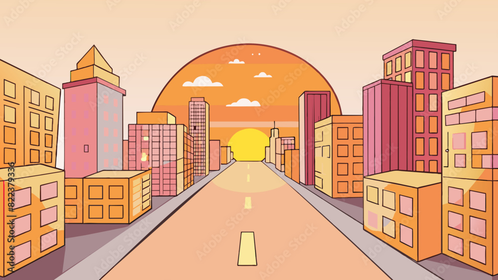 Poster the sun hangs low in the sky casting a warm glow over the cityscape. the buildings are washed in sha