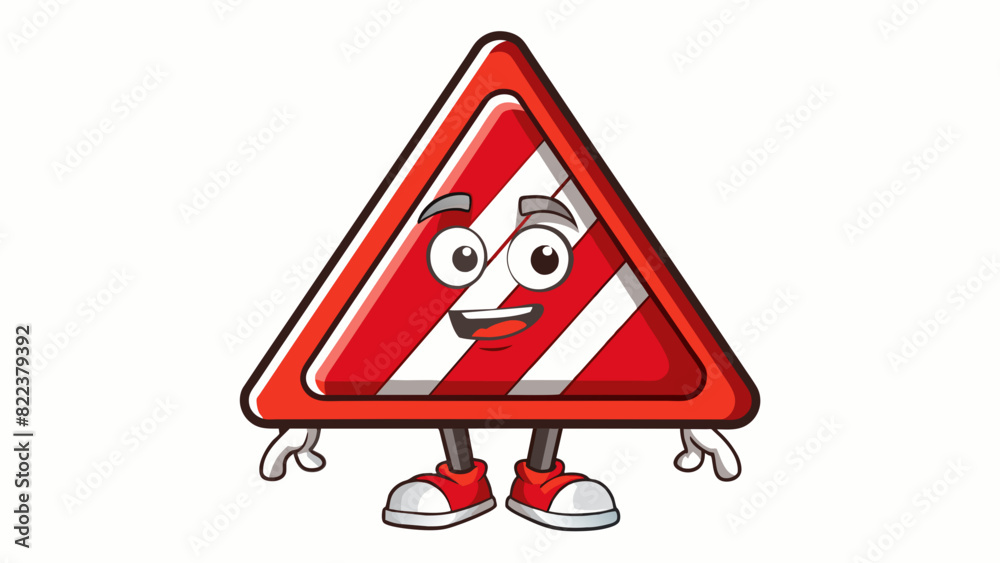 Poster the triangular red and white striped caution sign hung precariously on the corner of the building wa