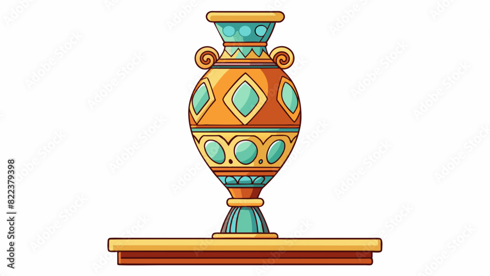 Poster The vase sat on the high shelf nestled a other delicate treasures. Its intricate designs and shiny finish indicated a sense of high status and value.. Cartoon Vector