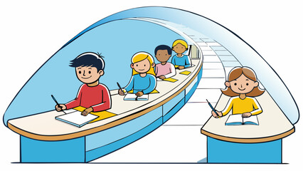 The students sat at long curved desks their pens and notebooks spread out in front of them. The ceiling above was adorned with a grid of bright. Cartoon Vector