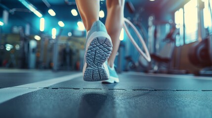 Fototapeta premium Dynamic Close-Up of Female Athlete Jumping Rope in Vibrant Gym Setting - Perfect for Fitness and Exercise Themes