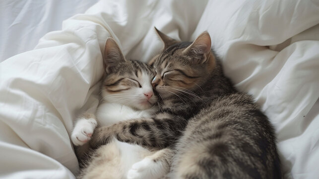 Lovely cat couple sleep together hug on white fluffy bed. Valentine's Day celebration concept. 