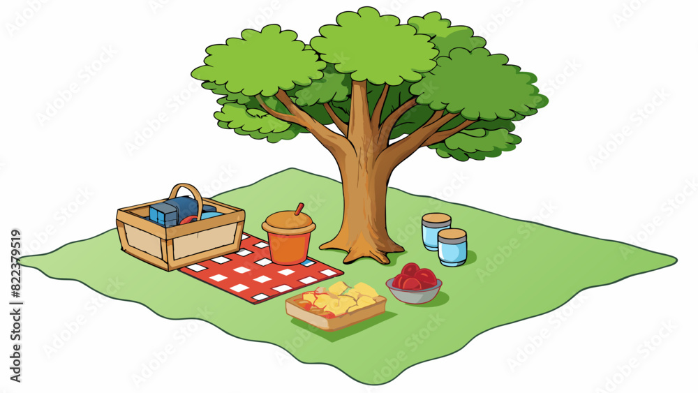 Poster Underneath the shade of a large tree a picnic blanket is spread out on the grass. The afternoon sun filters through the leaves creating a dappled. Cartoon Vector