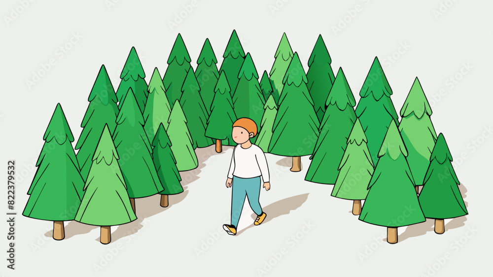 Poster walking through a forest surrounded by lush green foliage and the crisp scent of pine in the air.. c
