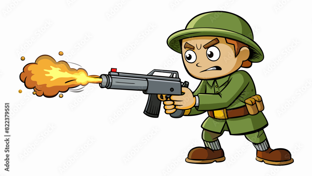 Poster with each pull of the trigger the gun recoiled in the soldiers hands its hot barrel emitting a sharp