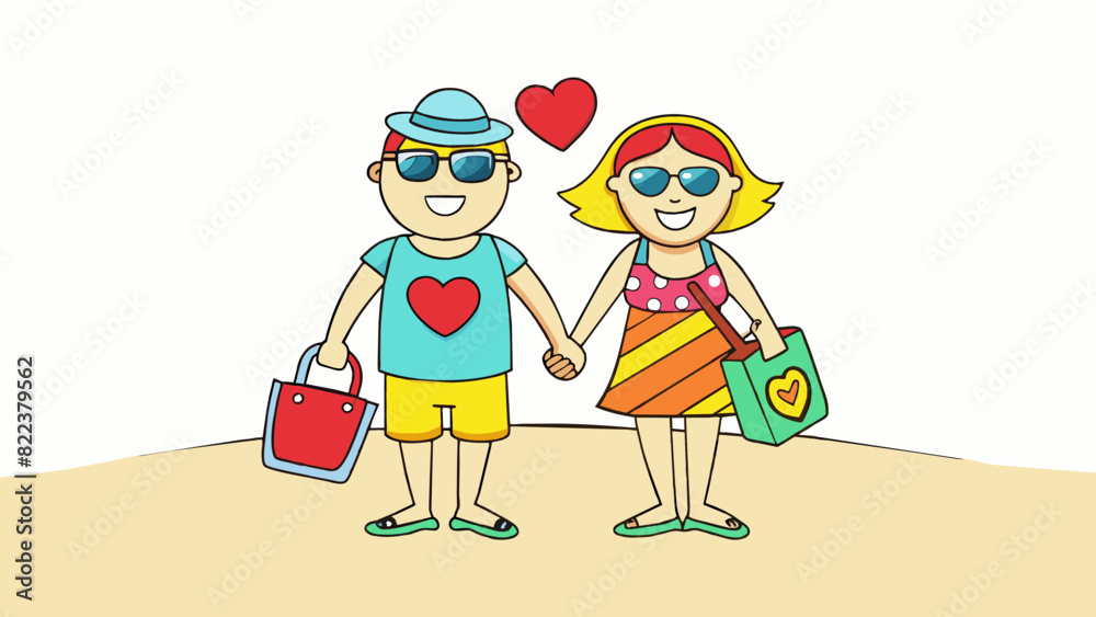 Poster walking hand in hand on the beach the couple wore matching flip flops with a e heart design. she car