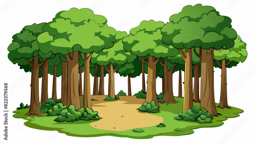 Poster When facing a forest the front is the line where the trees meet the clearing. The trees are tall and dense with thick trunks and branches full of. Cartoon Vector