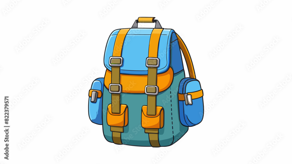 Poster A backpack A sy waterproof bag with multiple pockets and adjustable ss for carrying belongings while hiking or traveling.. Cartoon Vector