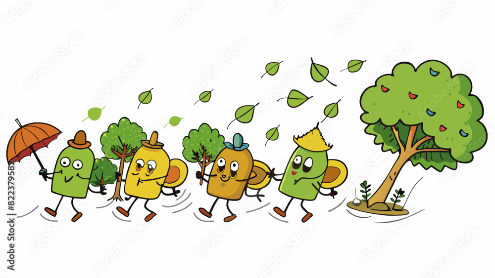 Poster Windy The trees are swaying back and forth as a strong wind blows through the area. Leaves and debris are flying through the air making it difficult. Cartoon Vector